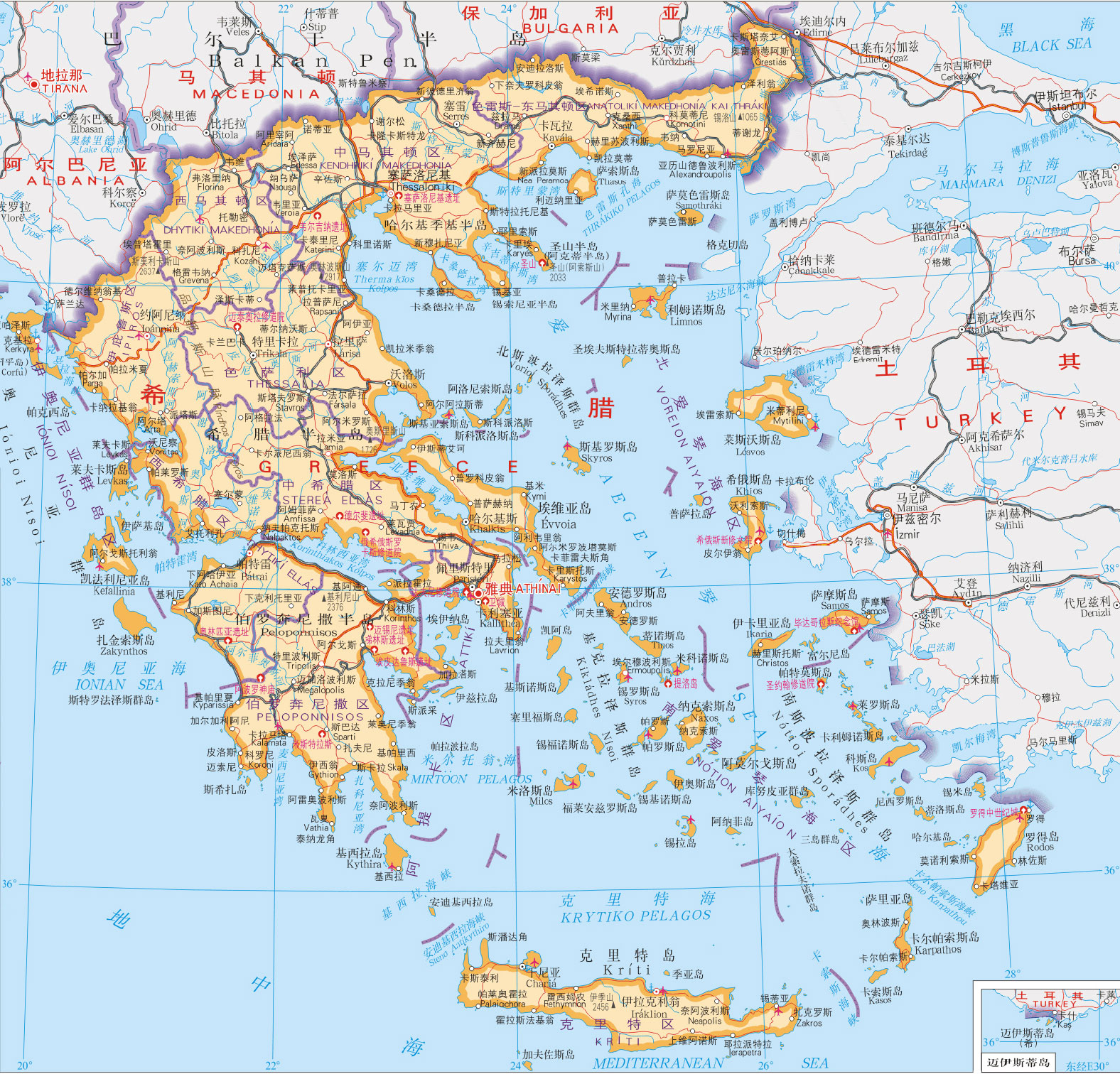 希腊地图高清中文版
